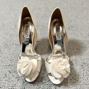 Badgley Mischka White and Cream Satin Peep Toe Heels